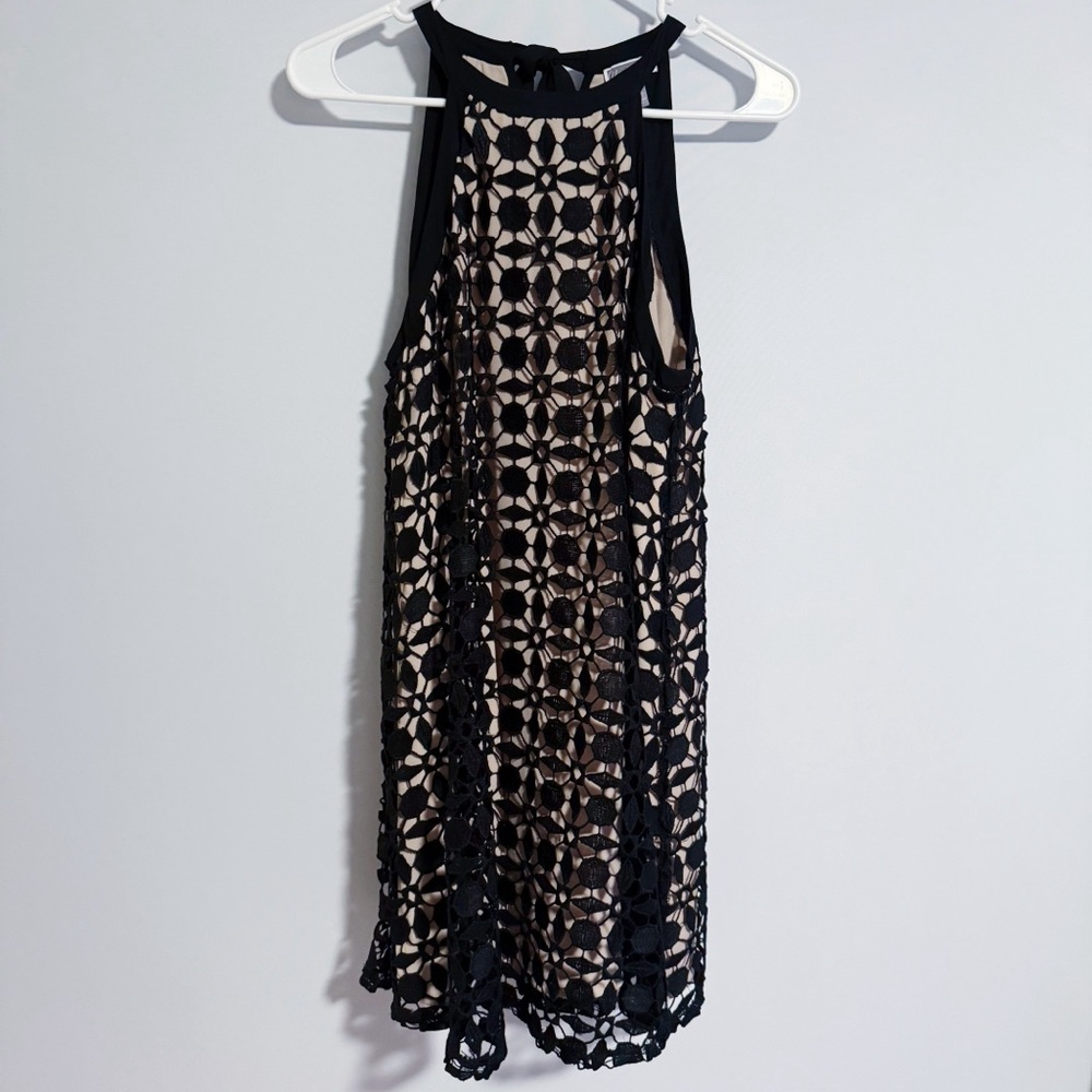 Chelsea28 - Black and Tan Crochet Overlay Dress